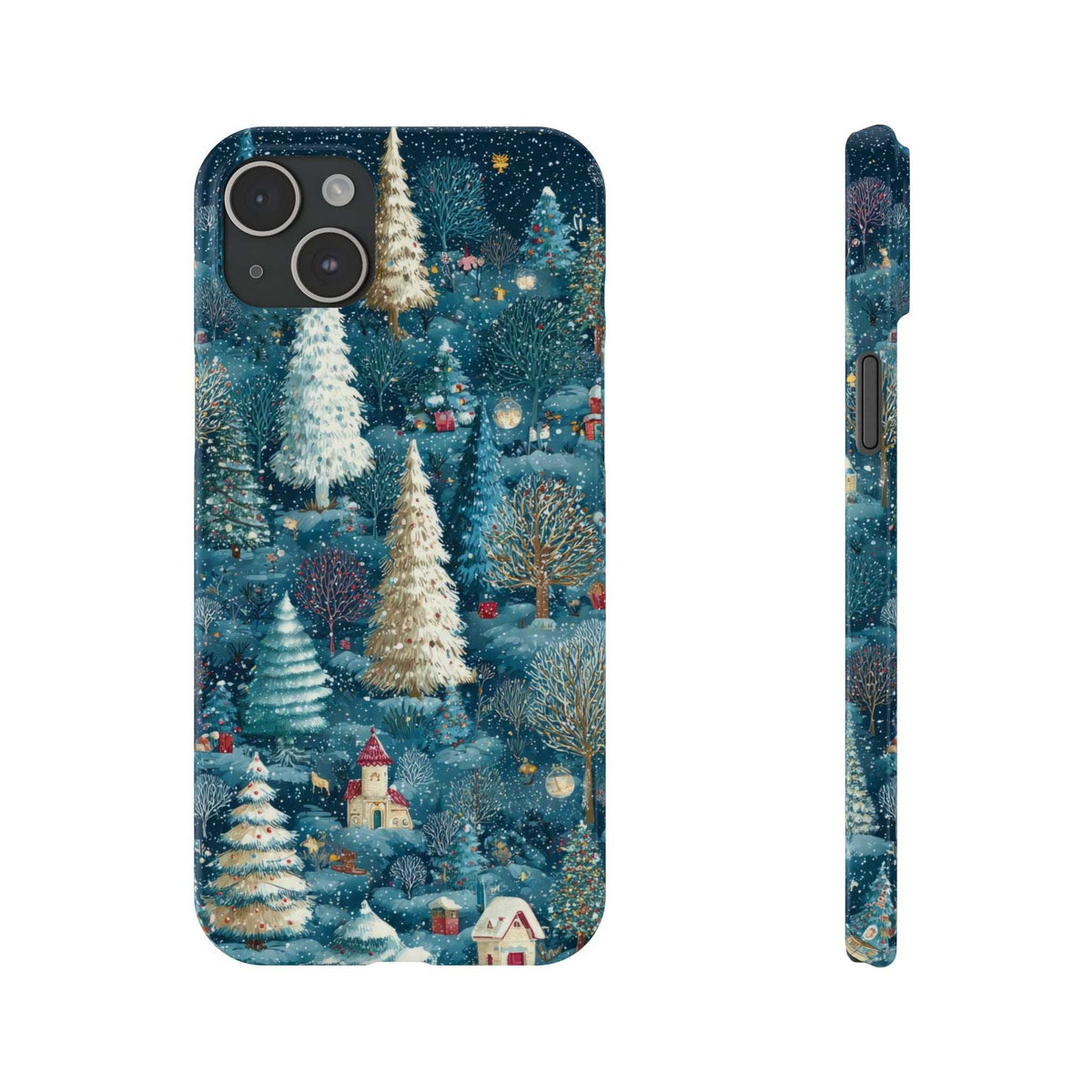 Frosty forest phone case with teal winter landscape, pine trees, and house details; side profile