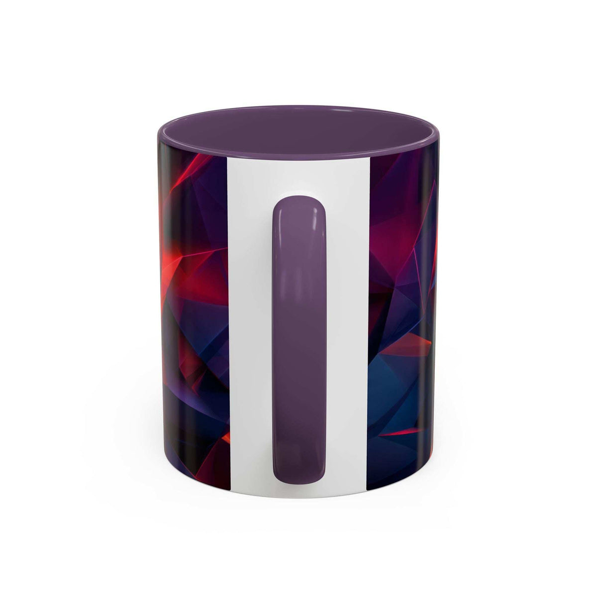 Ceramic mug with purple accents, abstract red and blue geometric pattern with tall purple bar.