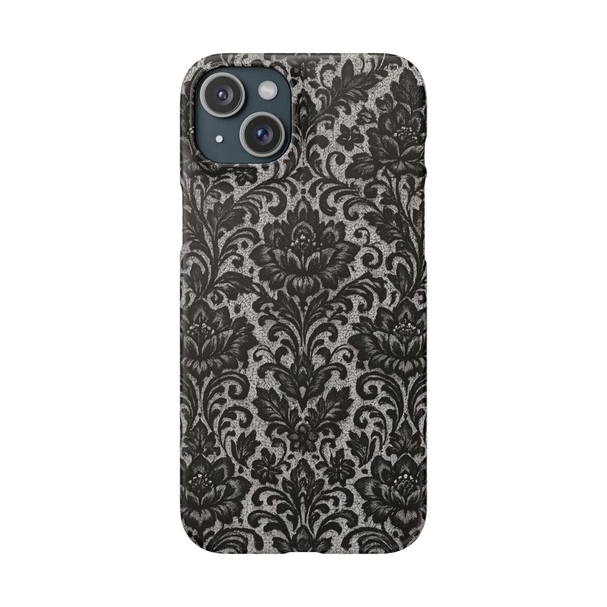 Black damask floral phone case with camera cutouts and textured damask pattern