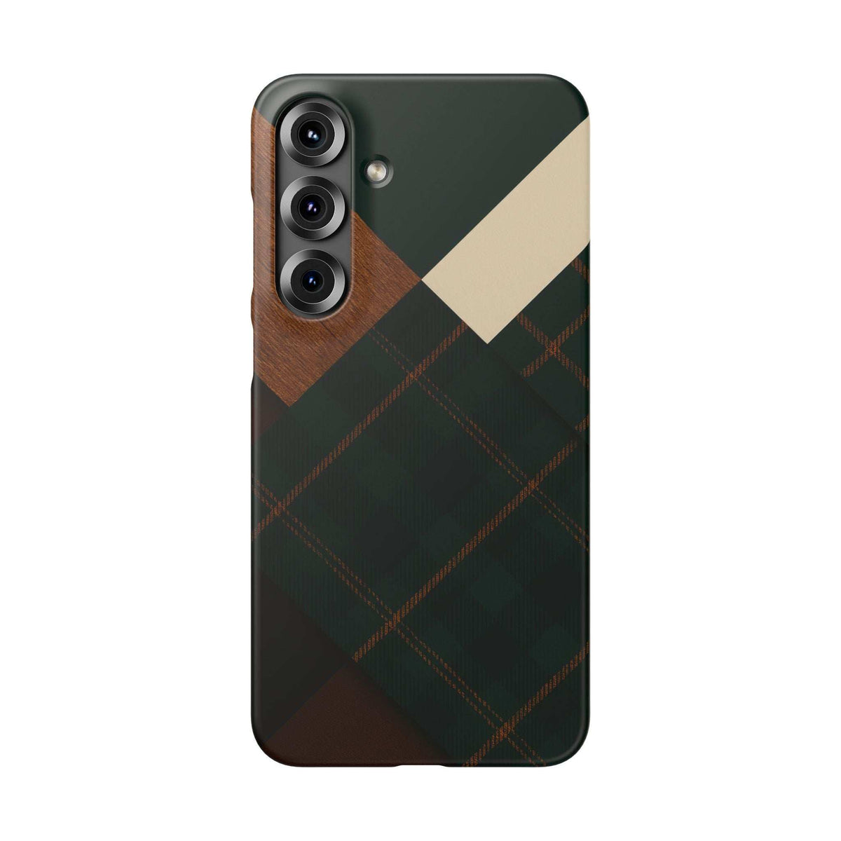 Phone case with dark green plaid pattern and tan diamond, dual camera cutouts