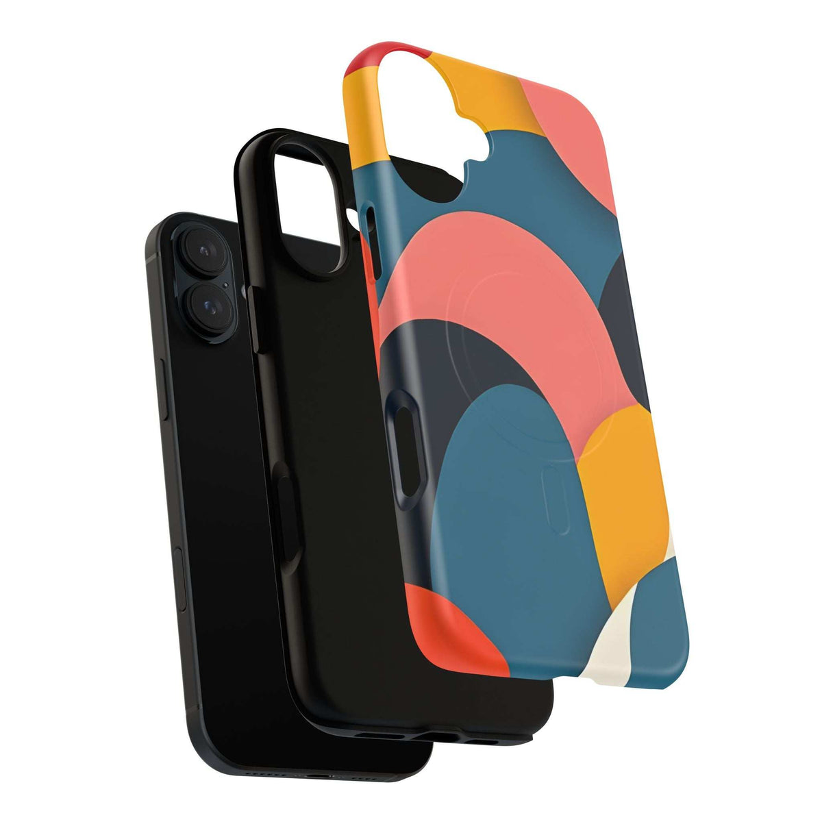 Colorful abstract art phone case with bold curved shapes, camera cutout and side buttons