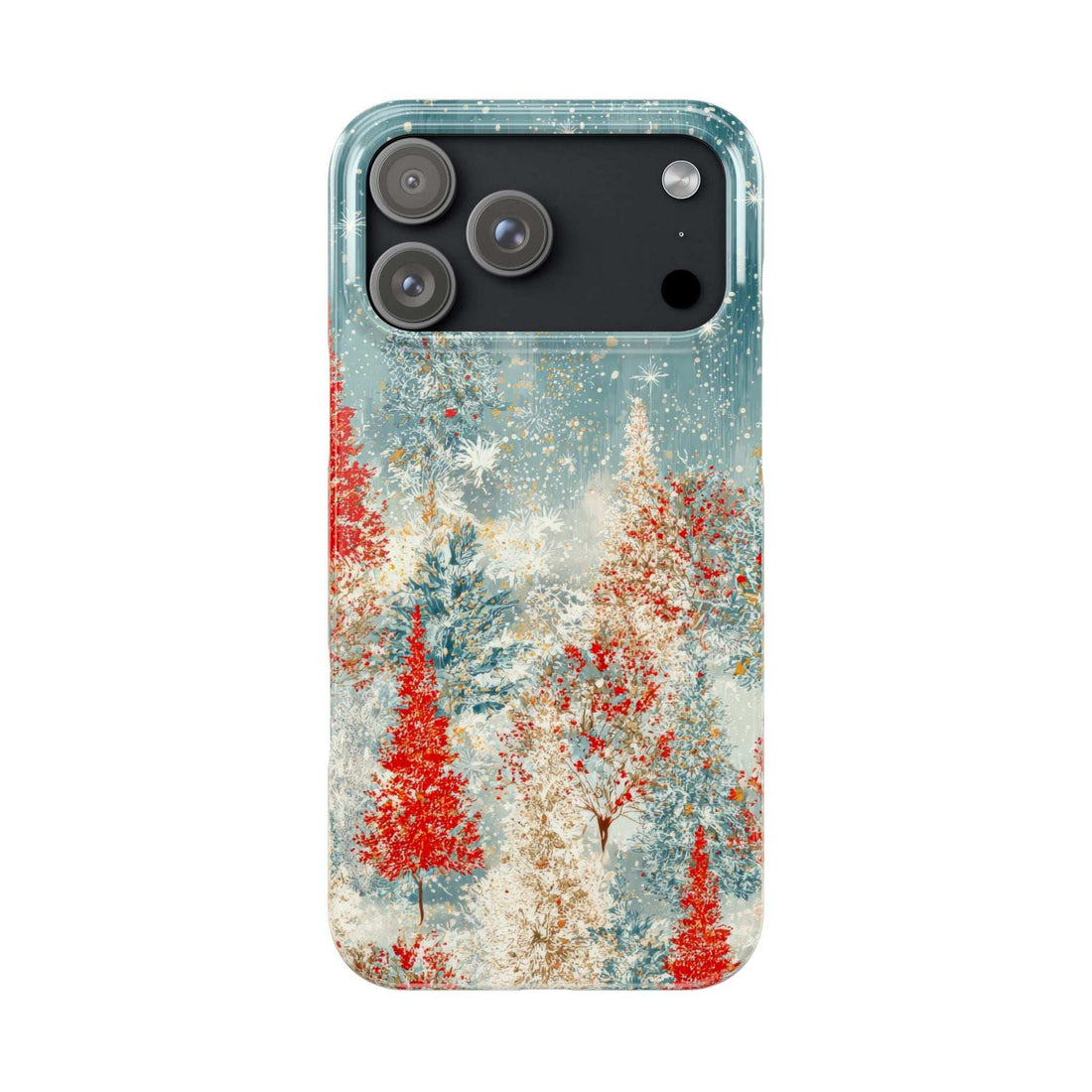 Phone case front view with snowy forest print and teal rim; camera lenses visible