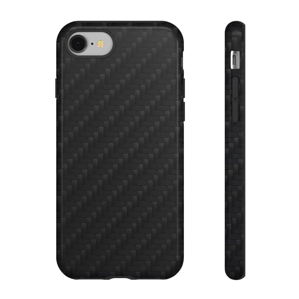 Glossy black carbon phone case back with camera cutout and side button access.