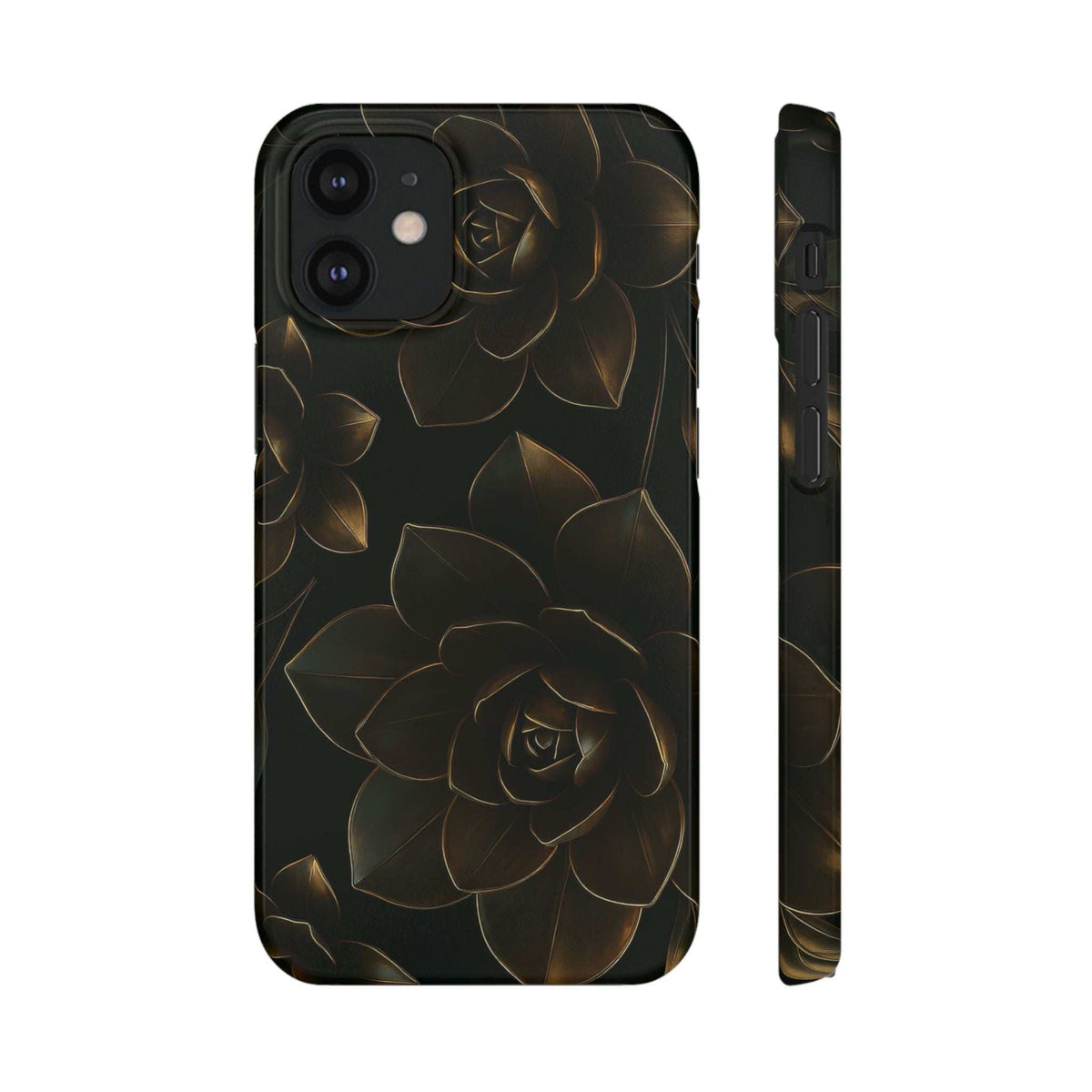 Glossy black phone case with gold rose metal-flower design, camera cutout and button edges.