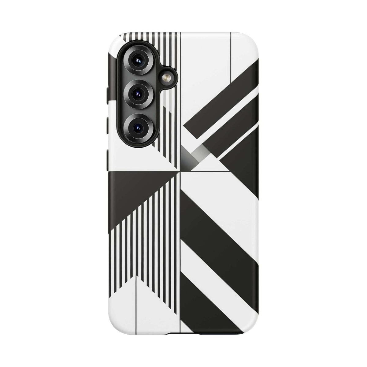Tough phone case with black-and-white diagonal stripes, grid accents, and camera cutouts.
