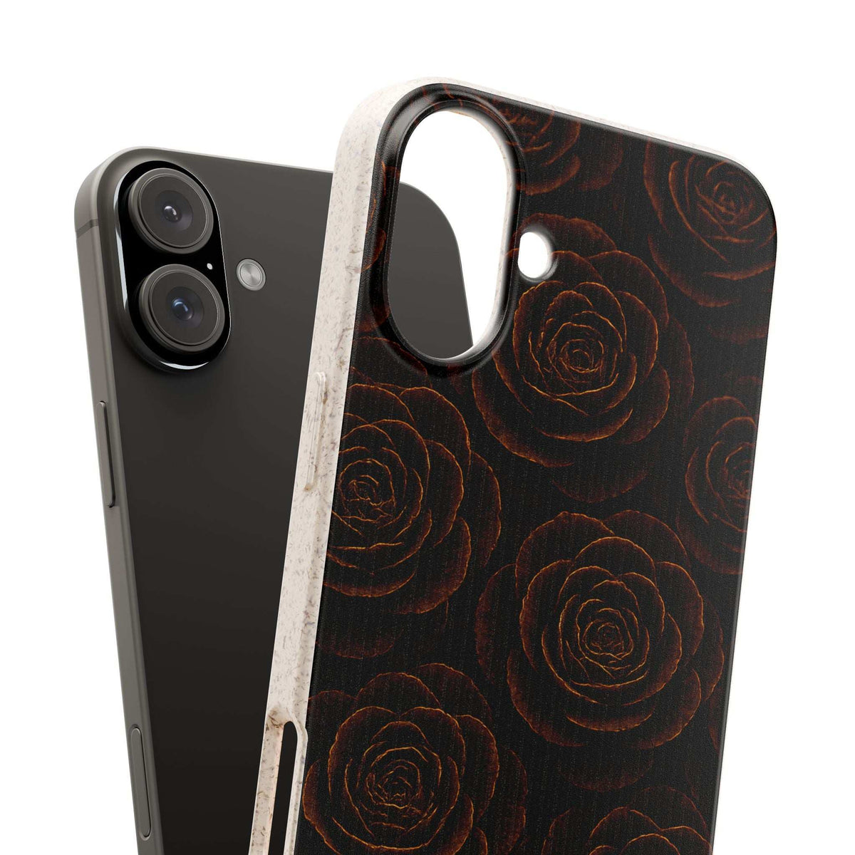 Dark rose wood-look phone case with camera cutout and side opening