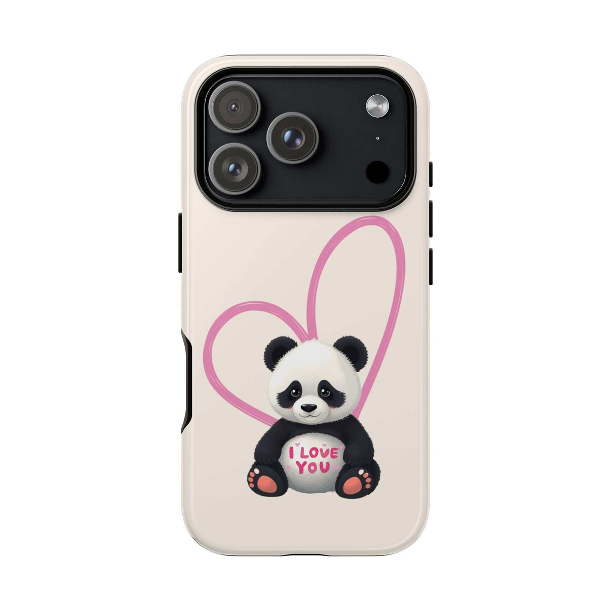 Cream iPhone phone case with panda in pink heart and “I love you,” triple-lens camera cutout