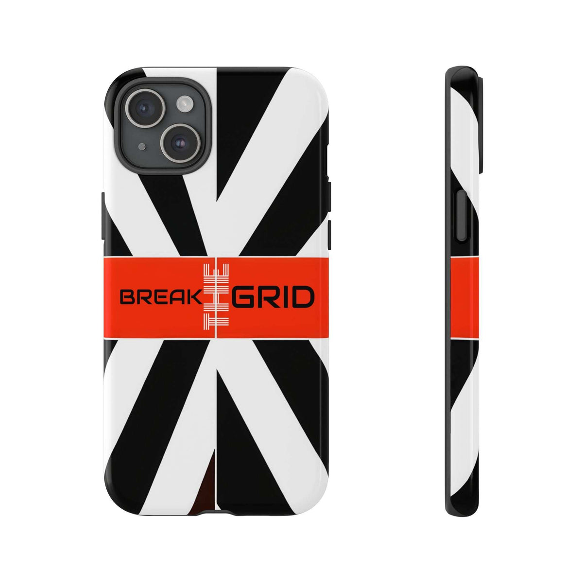 Phone case with black-and-white angled stripes, orange center band, camera cutouts