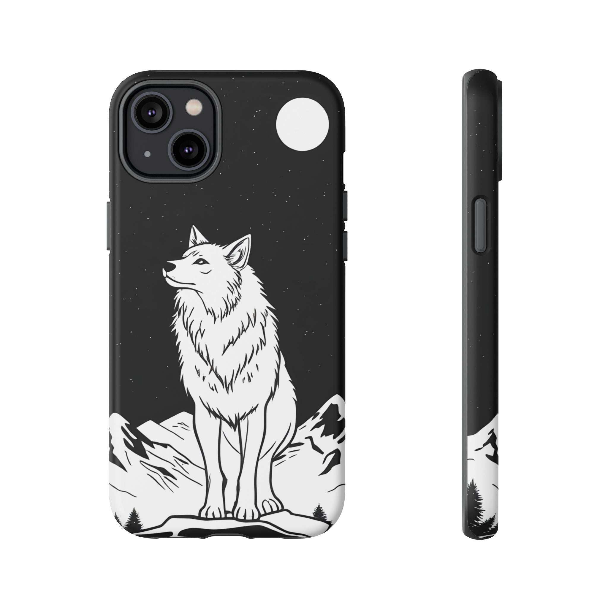 Wolf phone case, dark with white wolf illustration and star speckles; camera openings and top cutout