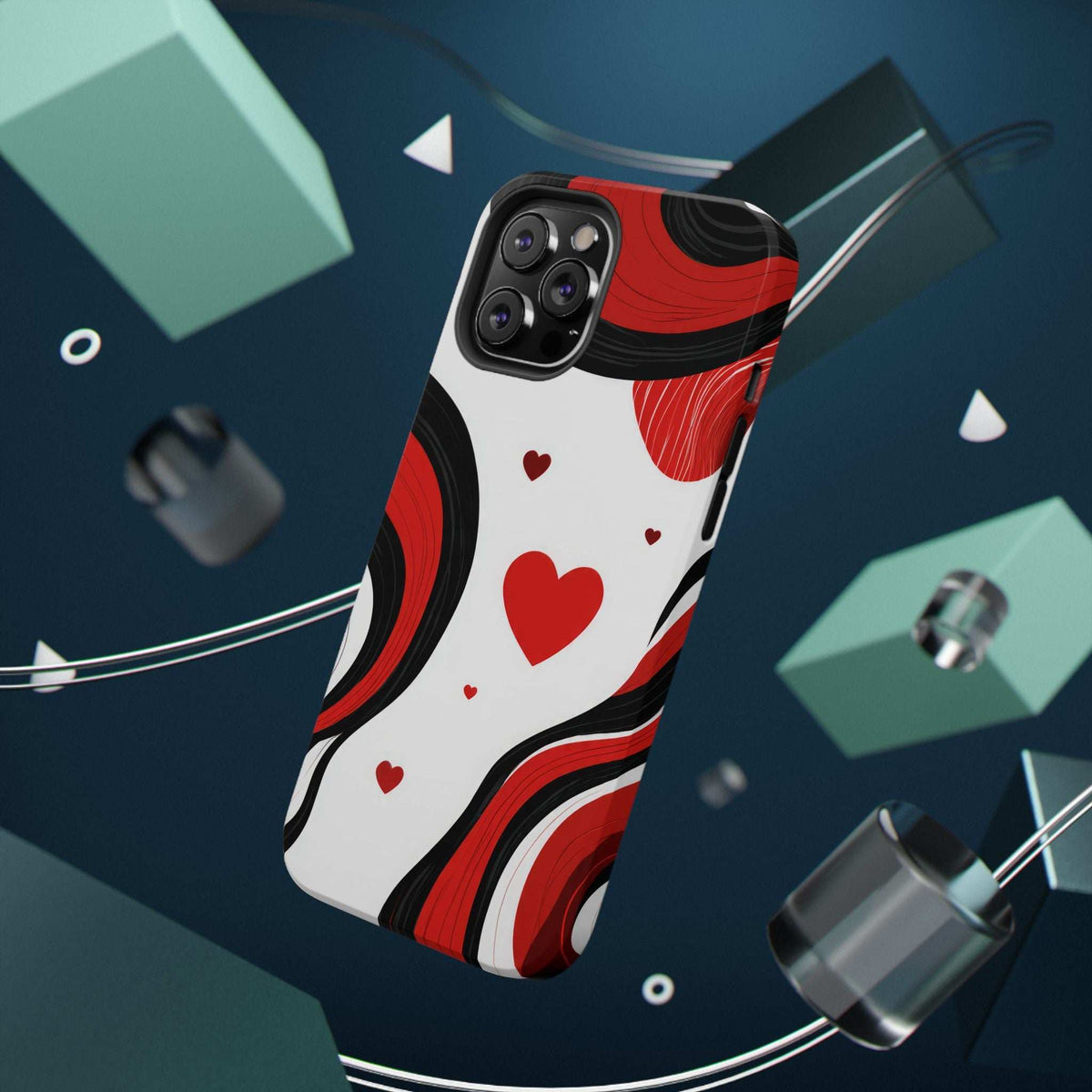 Red and black swirls with small hearts on a white phone case, triple camera cutouts