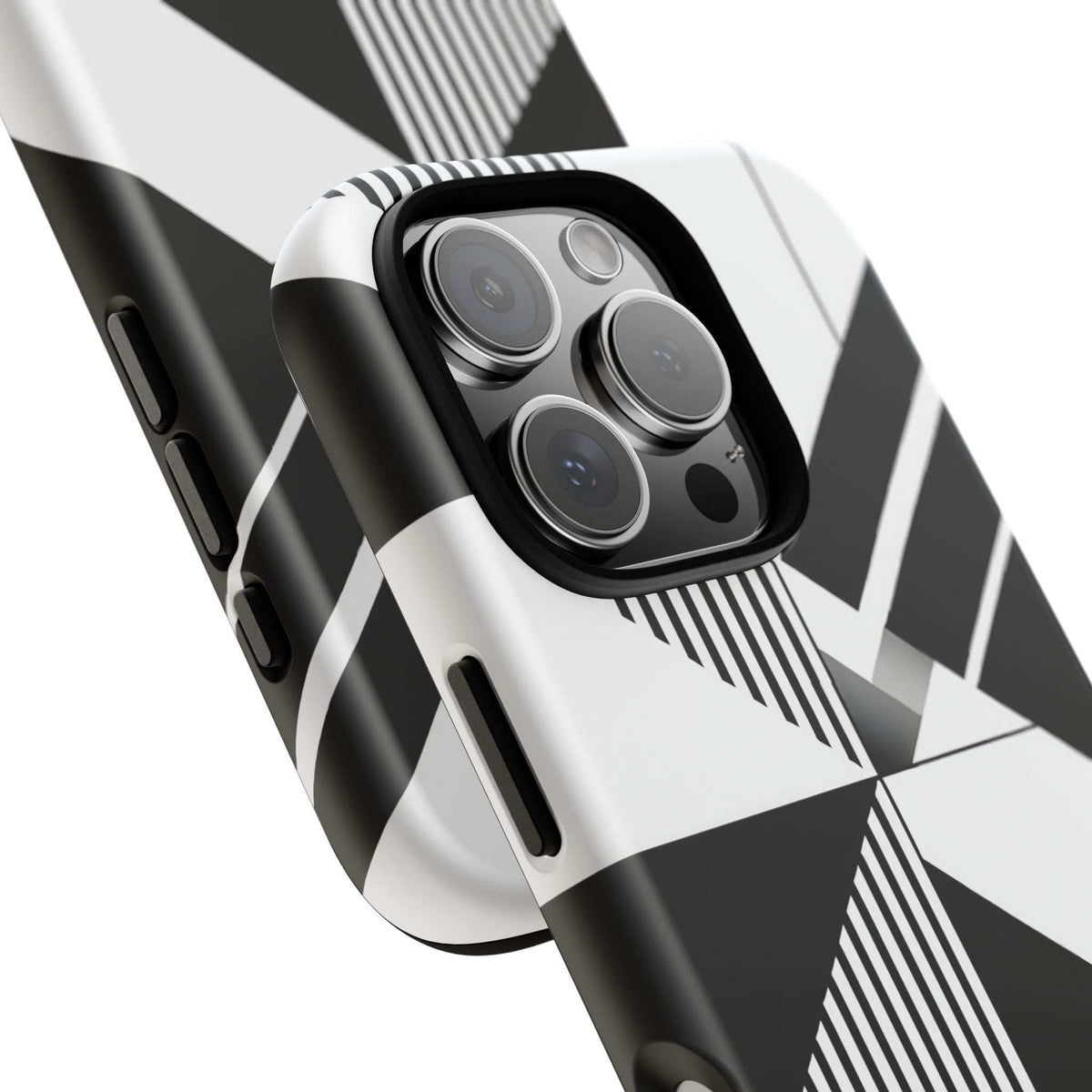 Monochrome tough phone case close-up with black-and-white geometric stripes and camera cutout