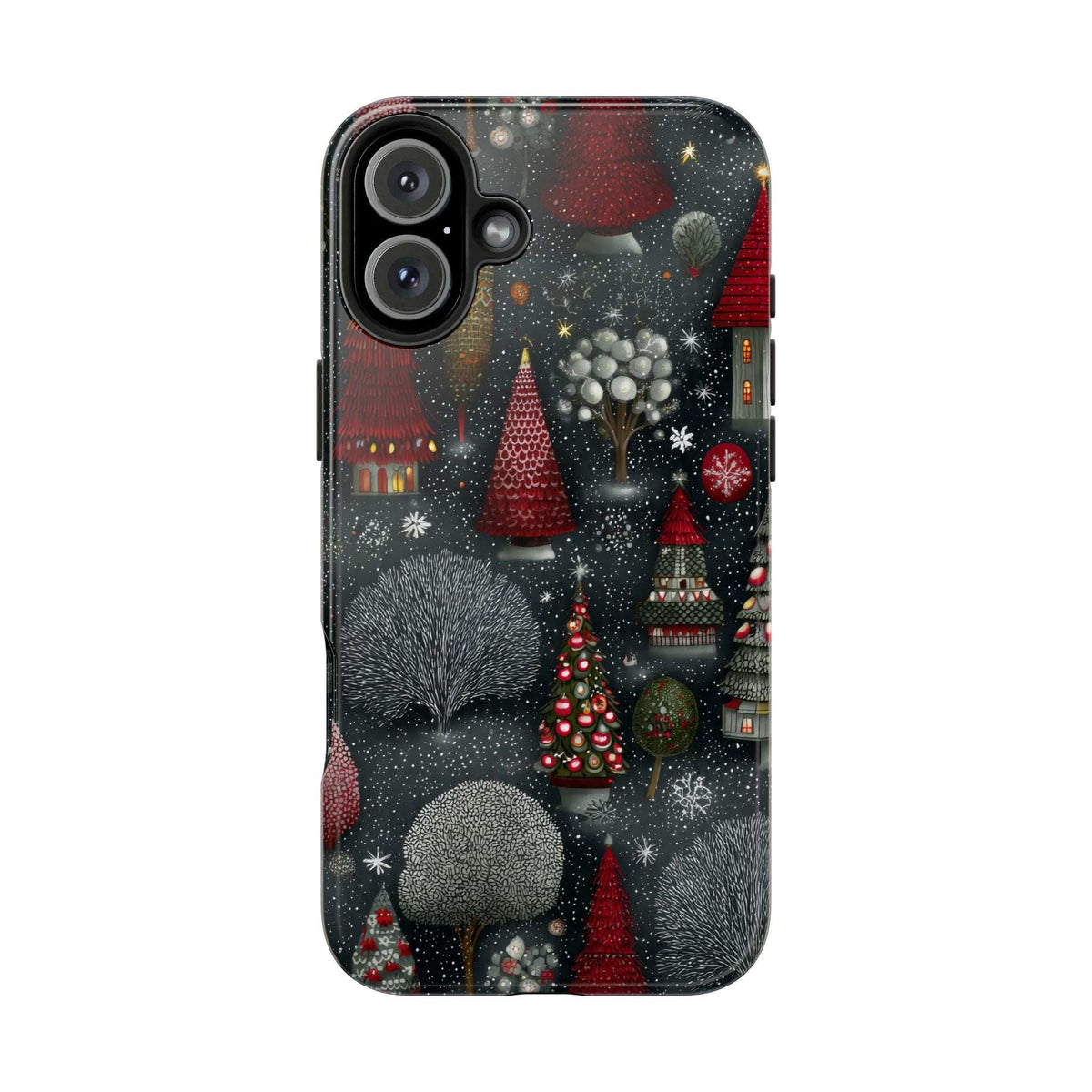 Phone case with frosted fir pattern, red ornaments, and raised edges for grip