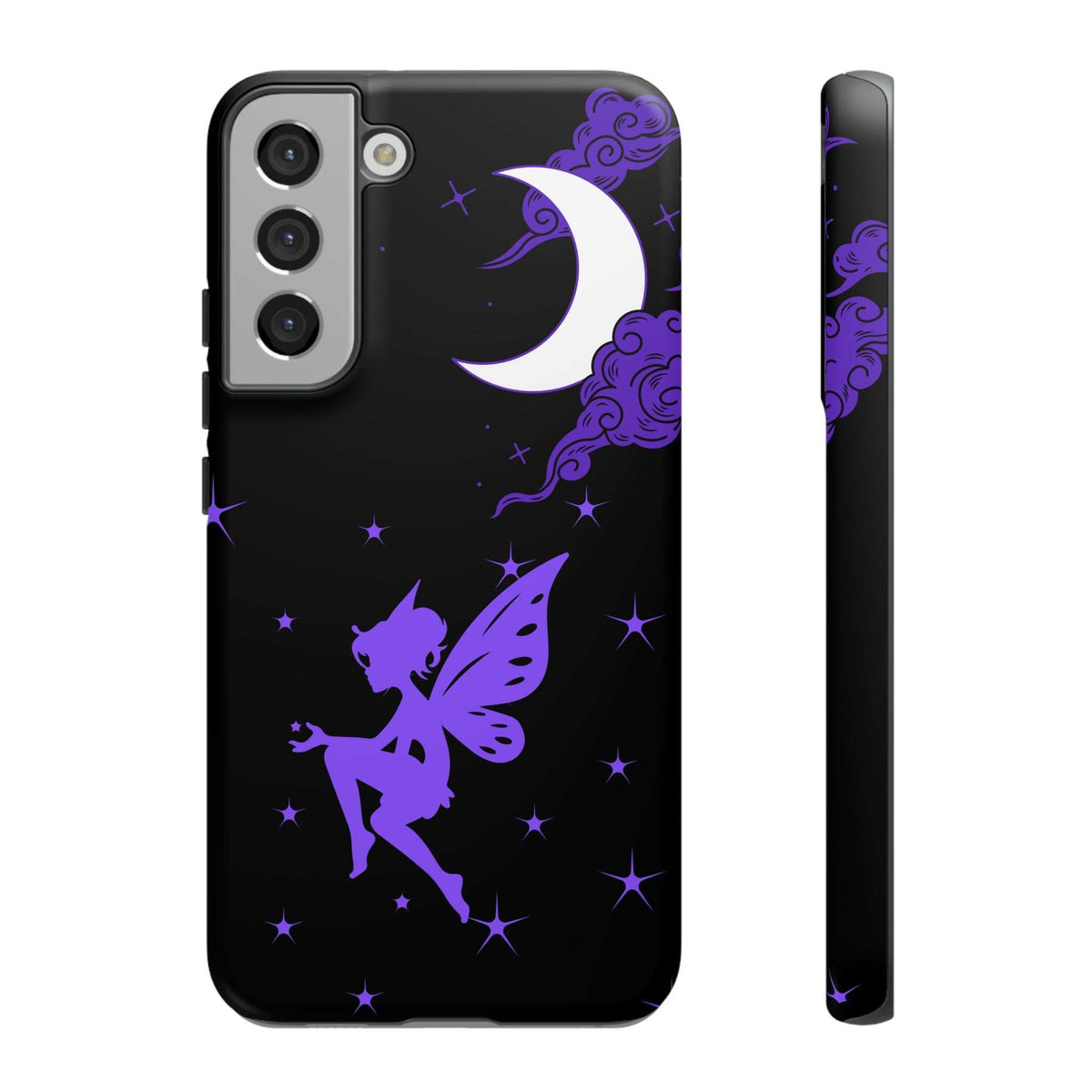 Black phone case with purple crescent moon and fairy silhouette; rear camera cutouts visible