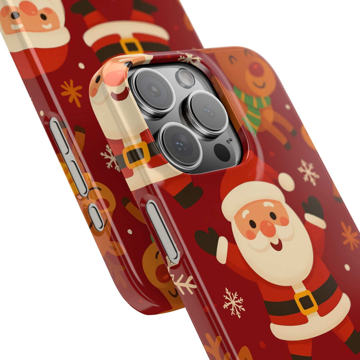 Angled view of red Santa phone case with snowflakes and gingerbread; triple-lens cutout