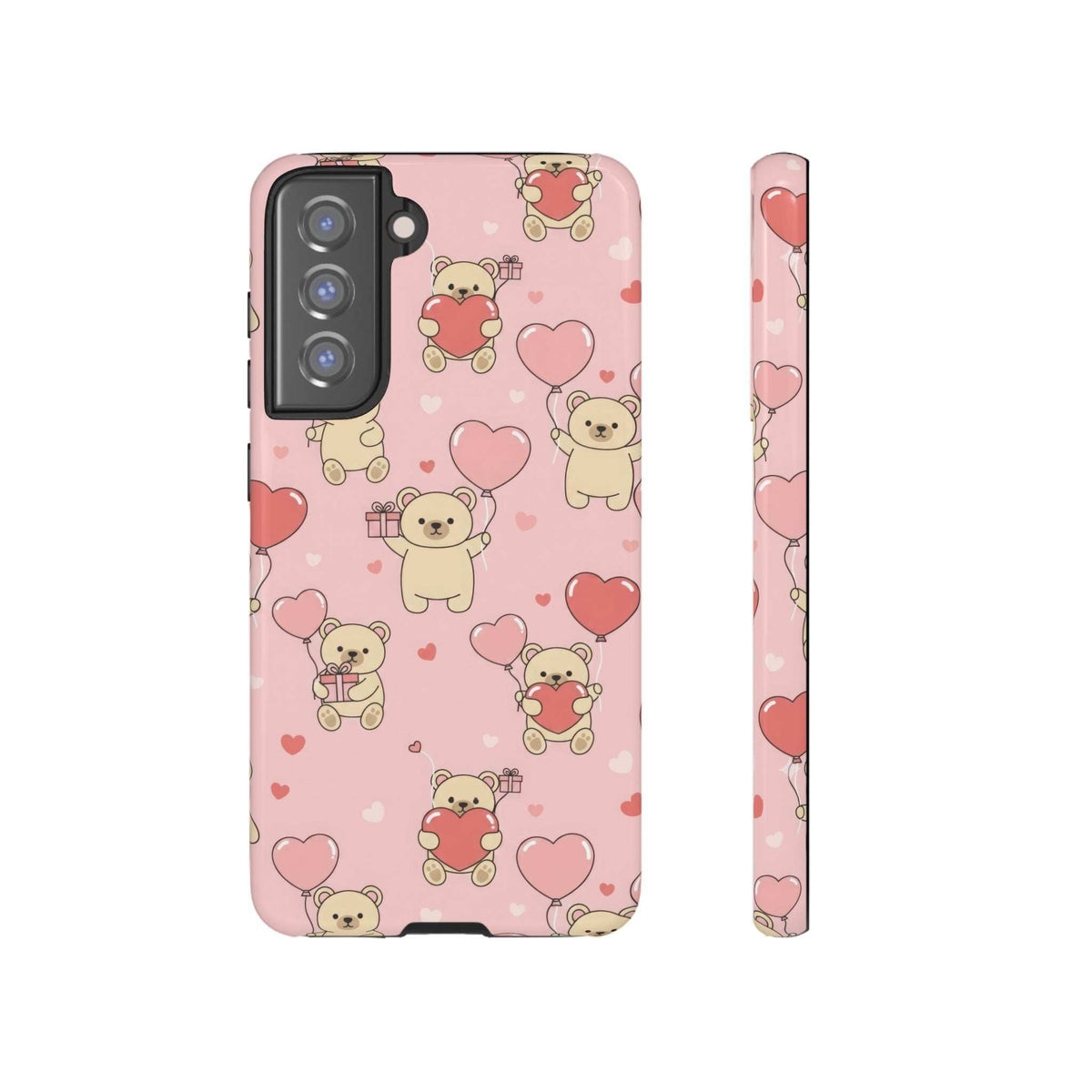 Pink teddy bear parade phone case with heart icons, camera cutout and patterned side edge