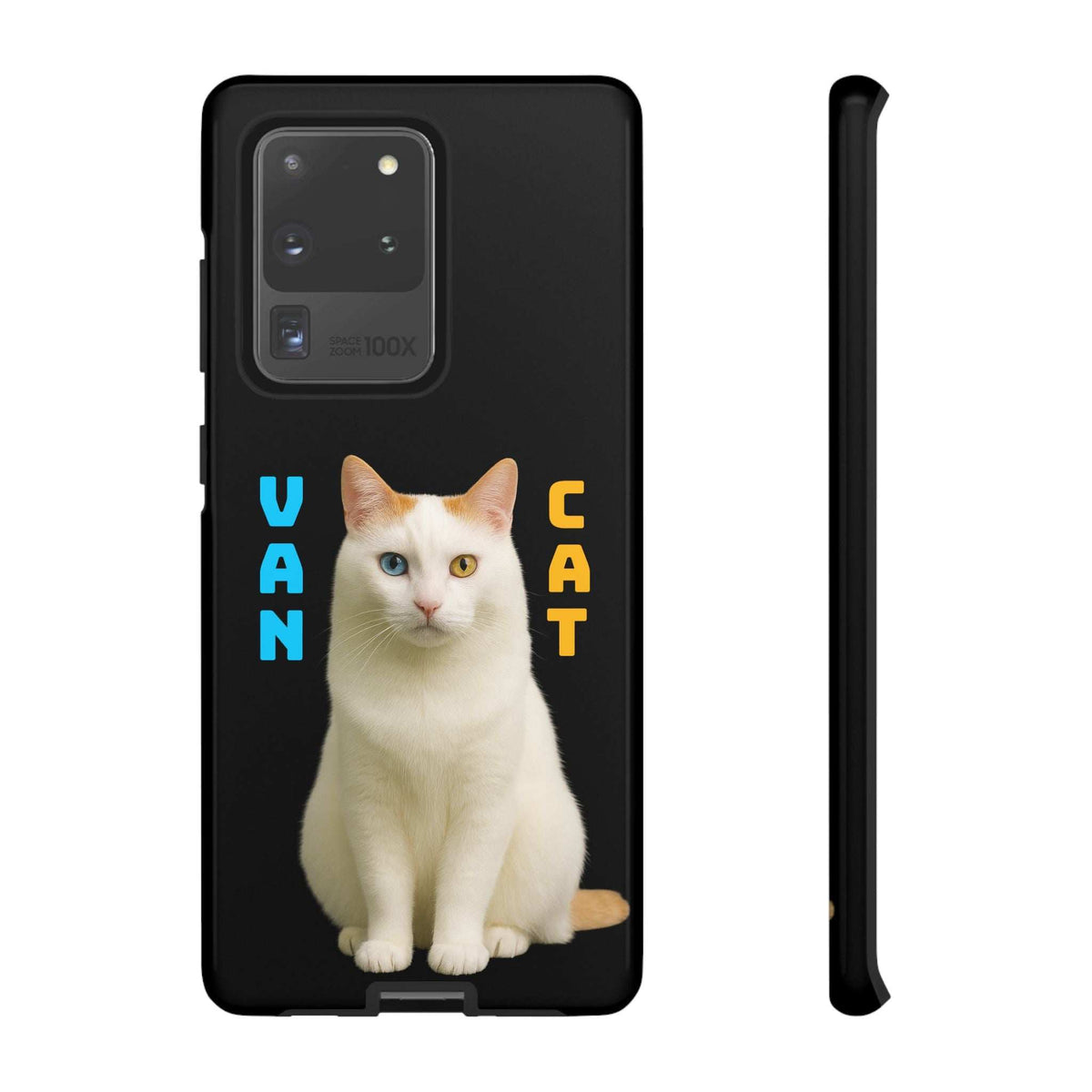 Black phone case with white cat design and visible camera lenses, glossy
