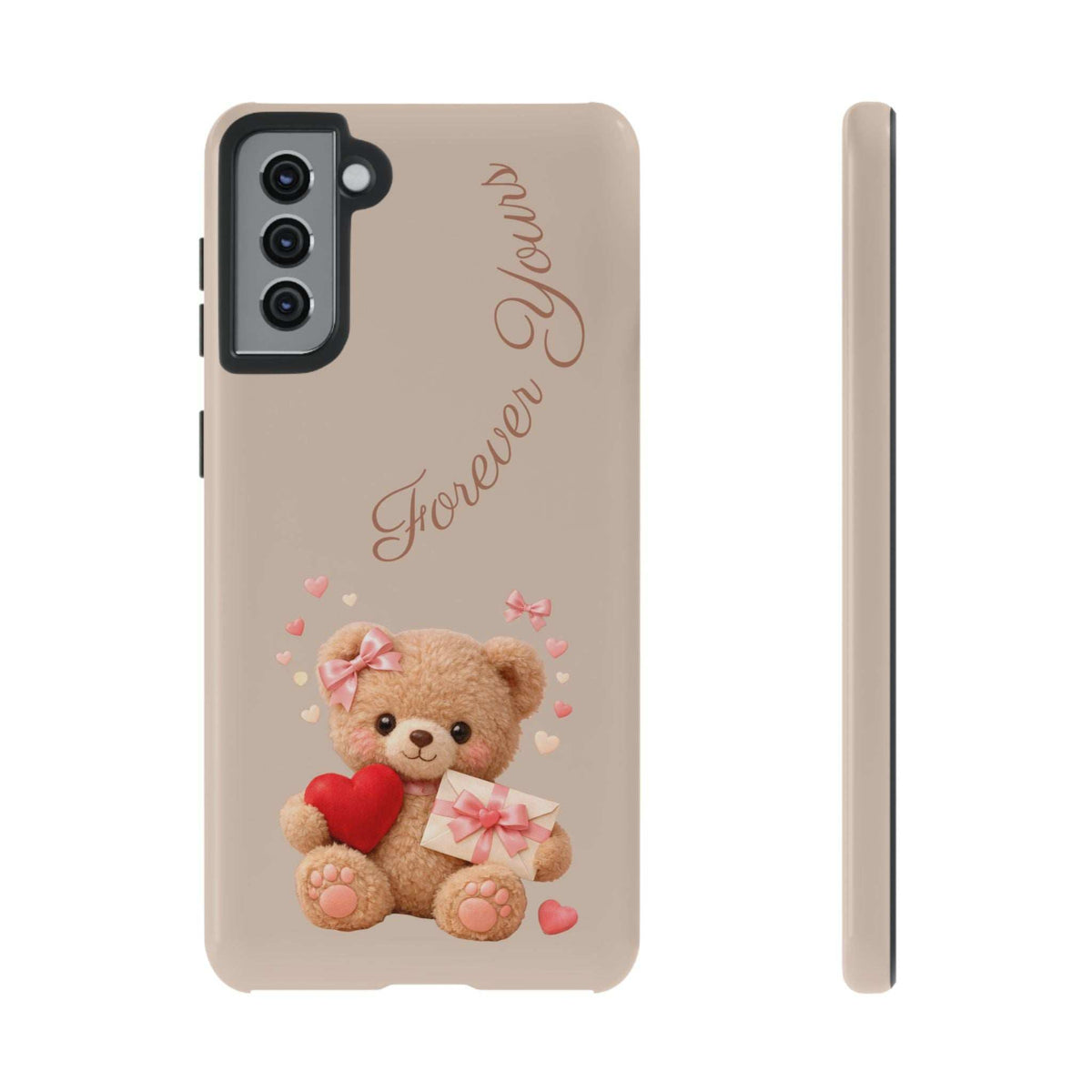 Beige phone case with teddy bear holding a heart and gift, rear camera module cutout