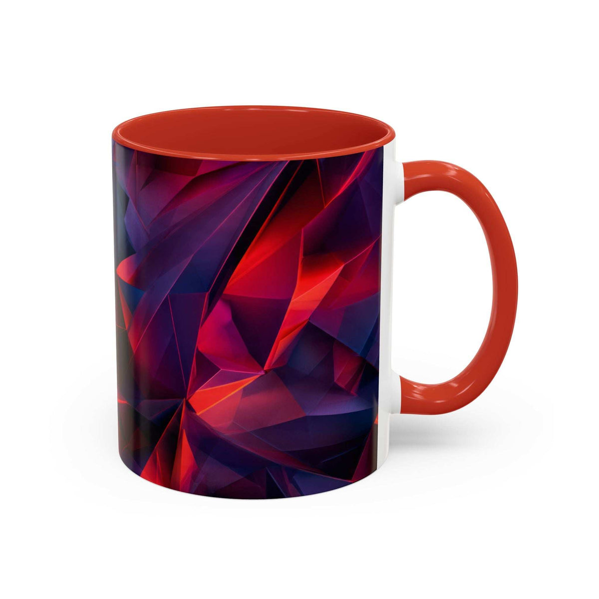 Ceramic accent mug with orange handle and faceted red/purple/blue pattern, white side panel