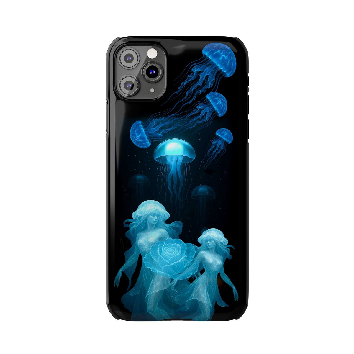 Phone case with blue jellyfish illustration and glowing figure holding a rose
