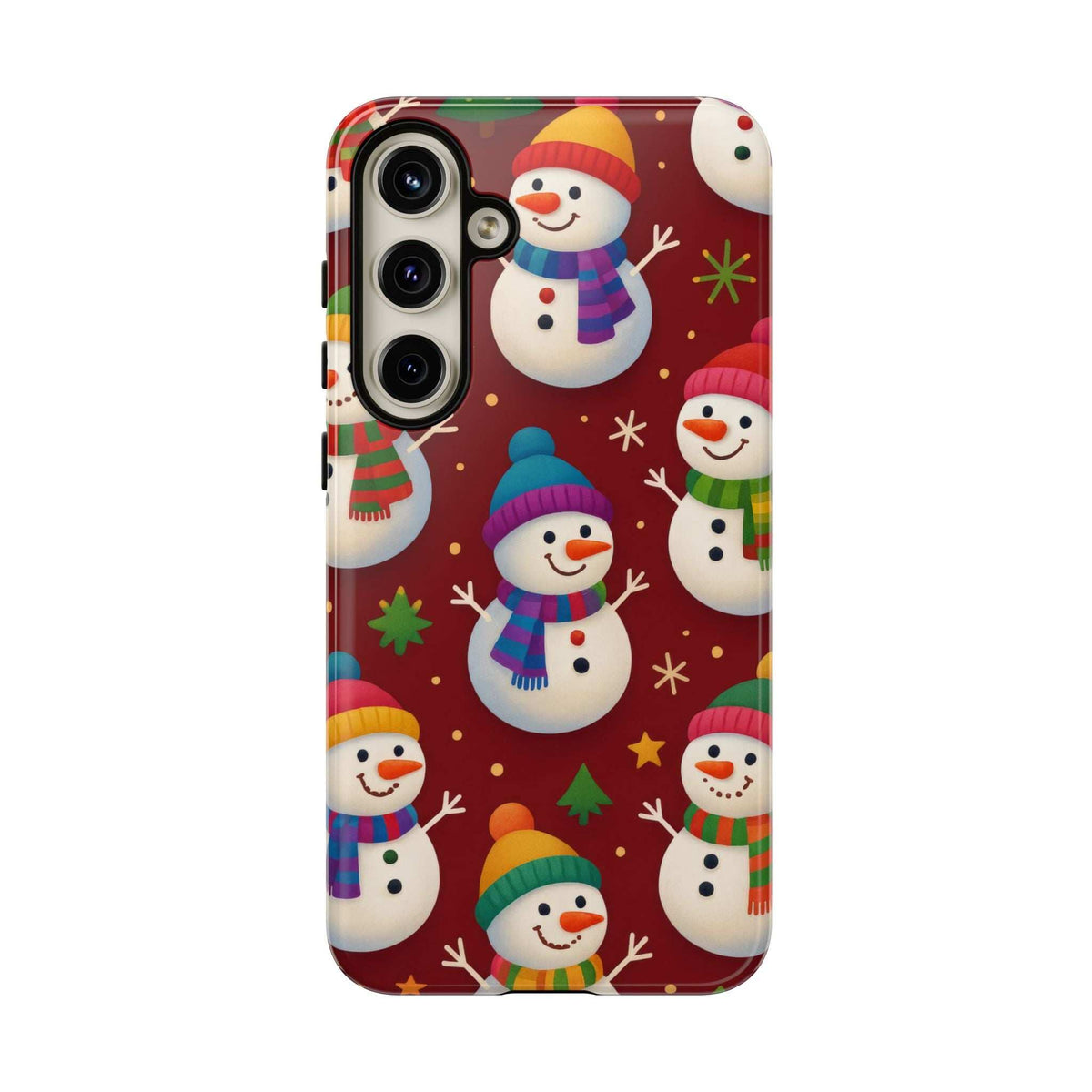 Glossy phone case front close-up featuring maroon snowmen with scarves and hats; camera openings.