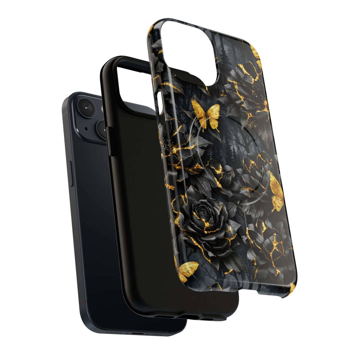 Front angled shot of black phone case with gold rose, butterfly, and kintsugi crack pattern.