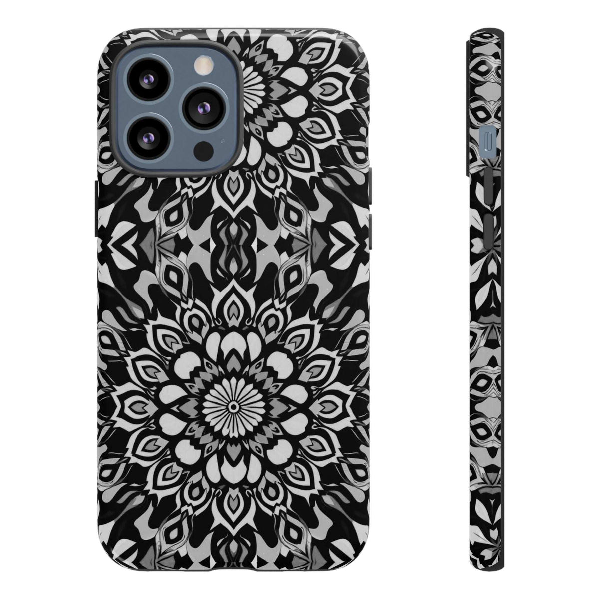 Mandala phone case with black-and-white mandala artwork and patterned side edge