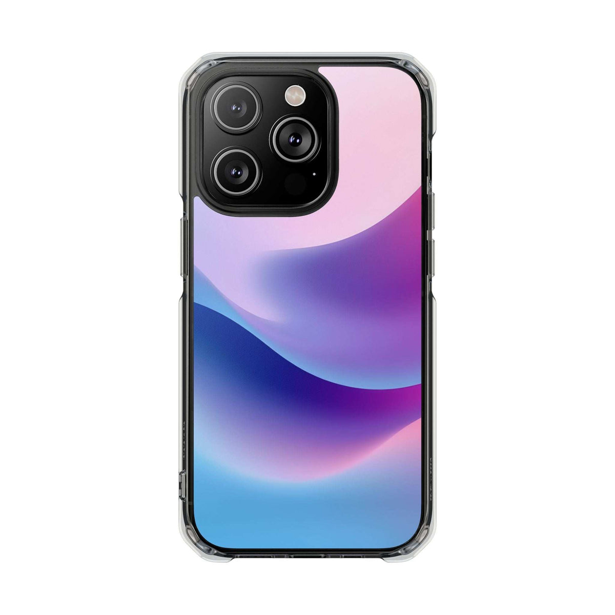 Pastel wave phone case with clear protective frame; black triple-camera module and pink-blue wave pattern