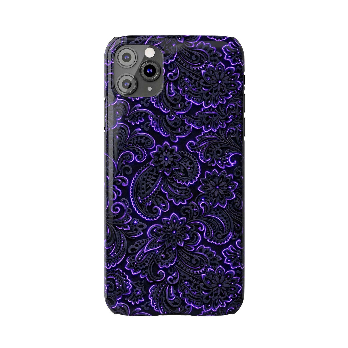 Purple paisley phone case with neon ornamental floral pattern and camera lenses.