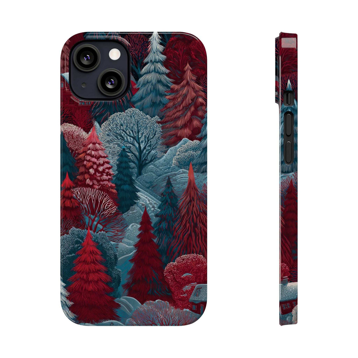 Phone case front and side view with illustrated pine forest, camera cutouts visible
