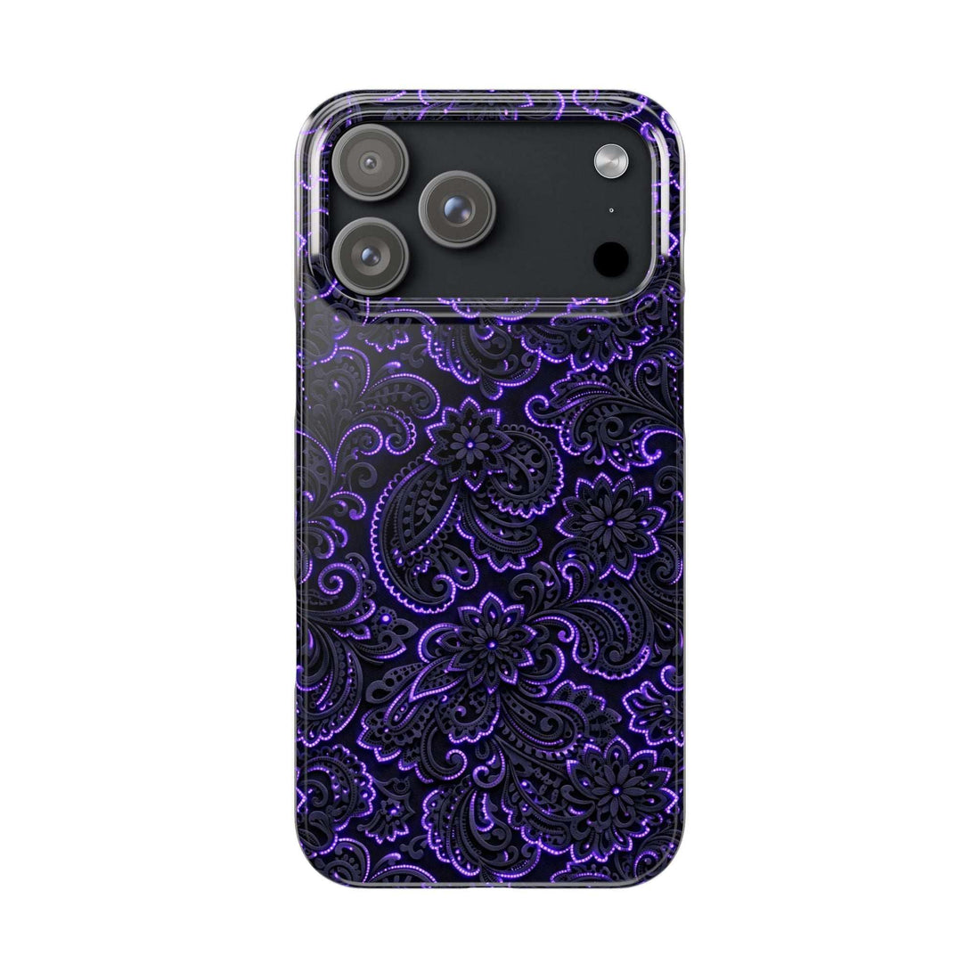 Phone case with neon purple paisley pattern on dark background, raised camera cutouts.