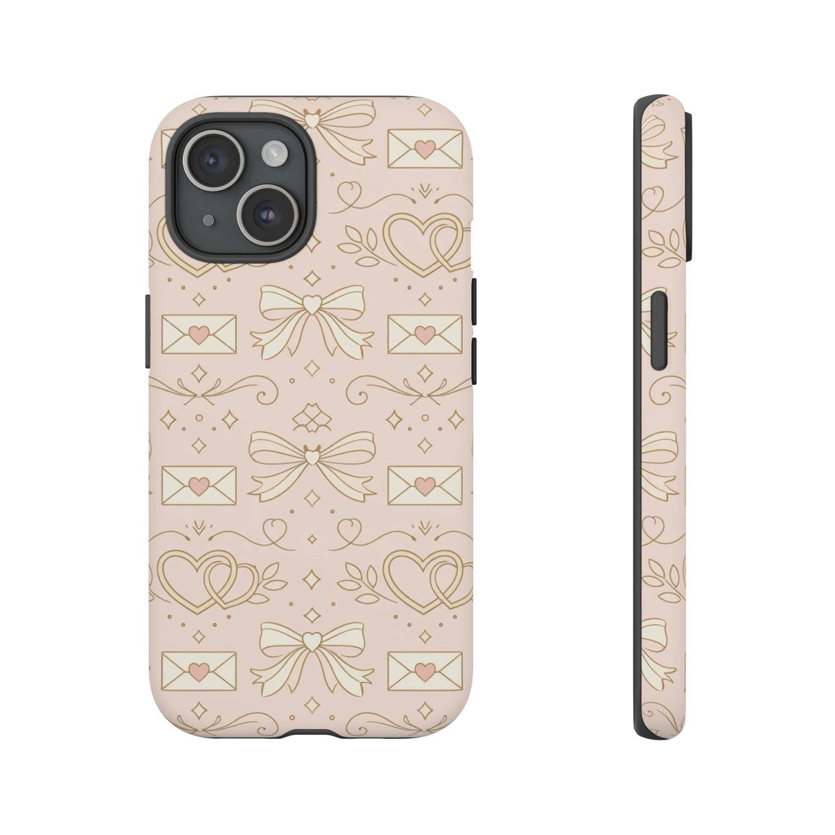 Tough phone case featuring pink heart and envelope doodles, front view with camera cutouts