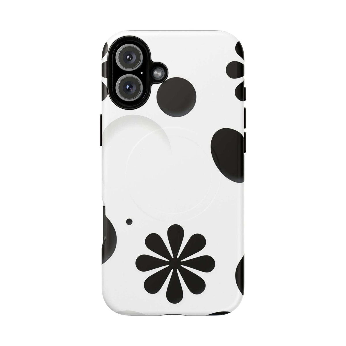 Phone case with black flower design on white, camera cutouts and side grip notches