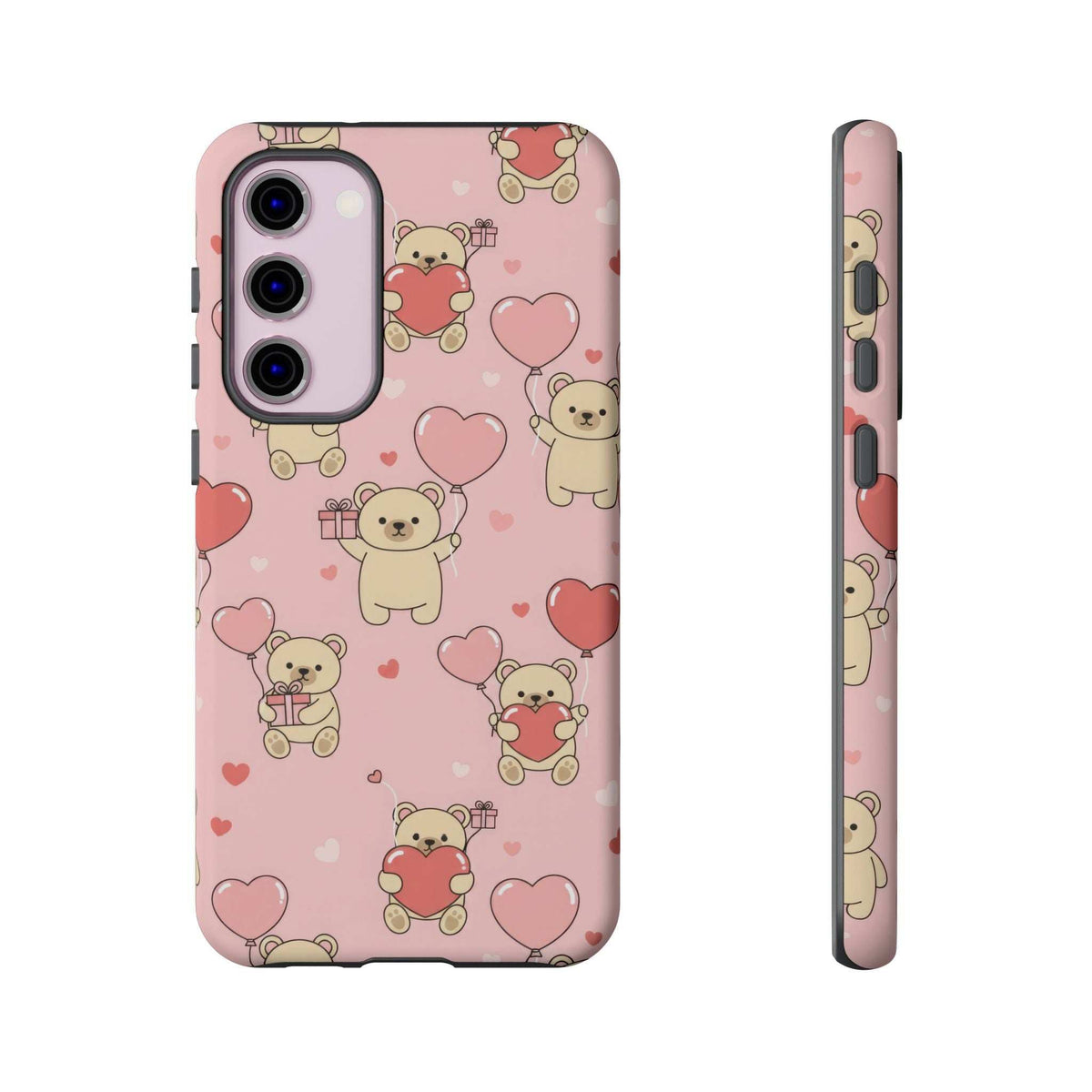 Pink phone case with adorable teddy bears holding gifts, heart icons, camera openings