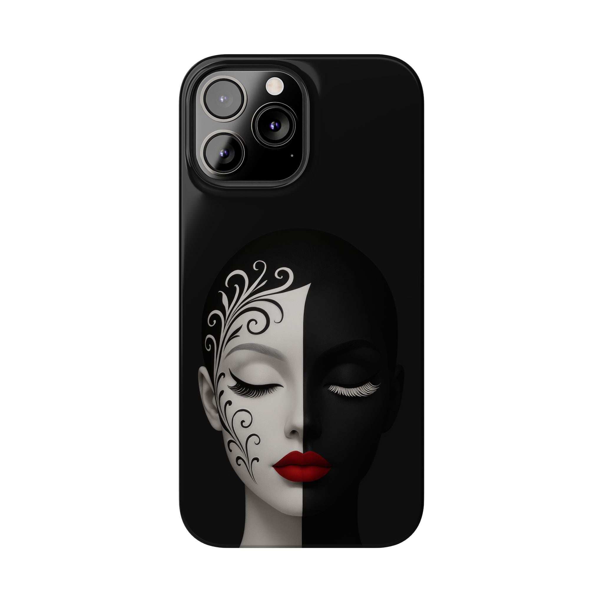 Black artistic phone case with ornate swirl face design and red lips