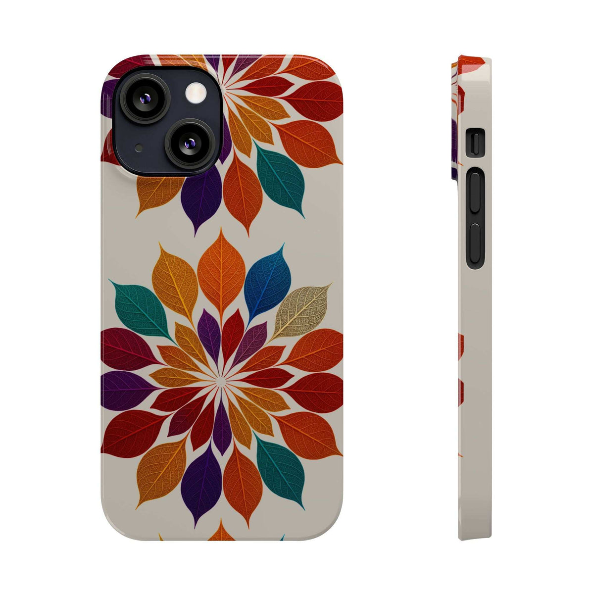 Leaf mandala phone case for iPhone 11-17, front and side profile showing colorful leaf artwork
