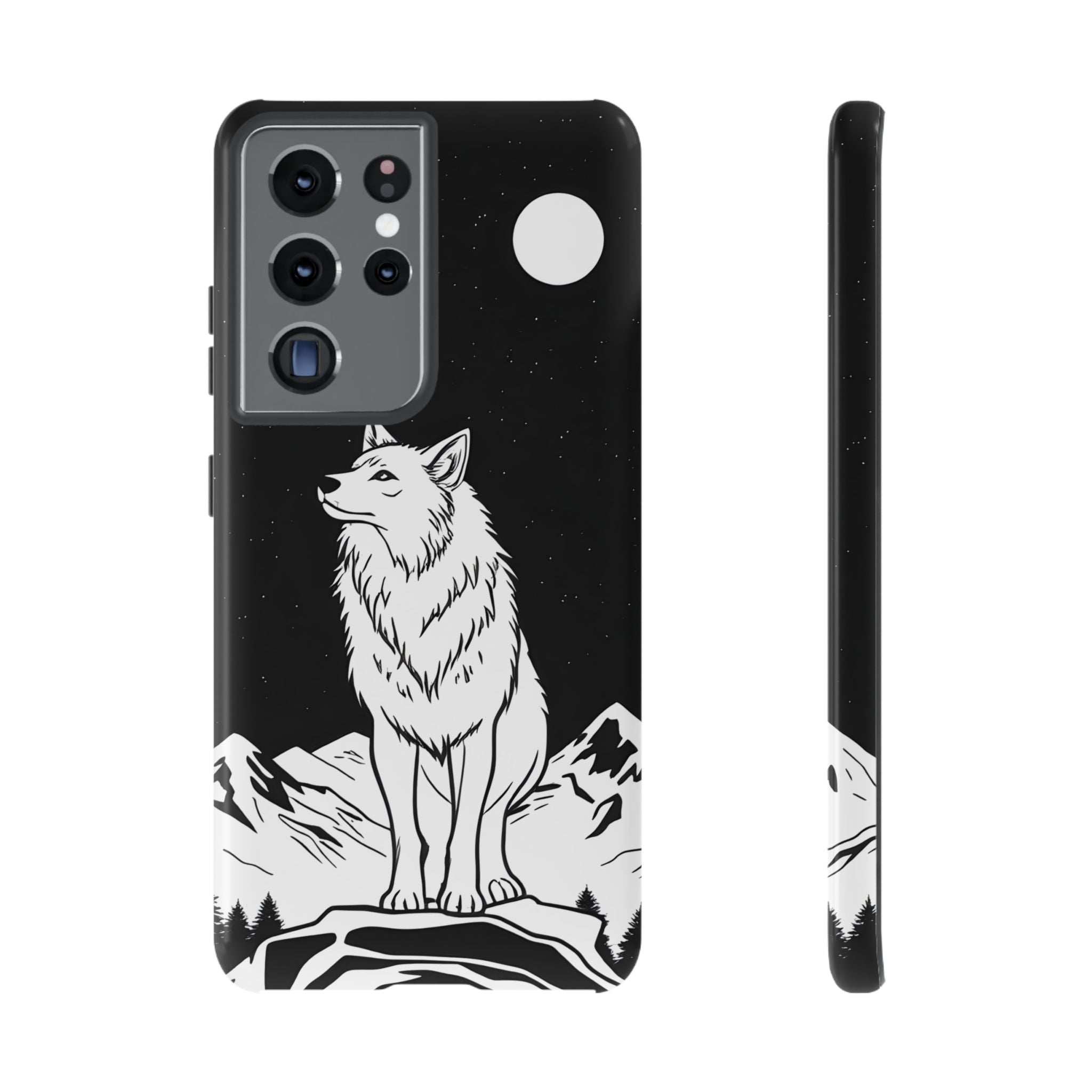 Black phone case with white wolf illustration, starry night pattern, quad camera cutouts