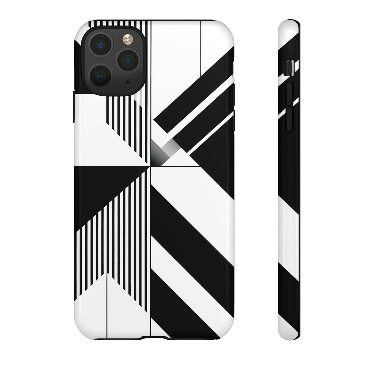 Tough phone case with black-and-white geometric stripe pattern, side profile