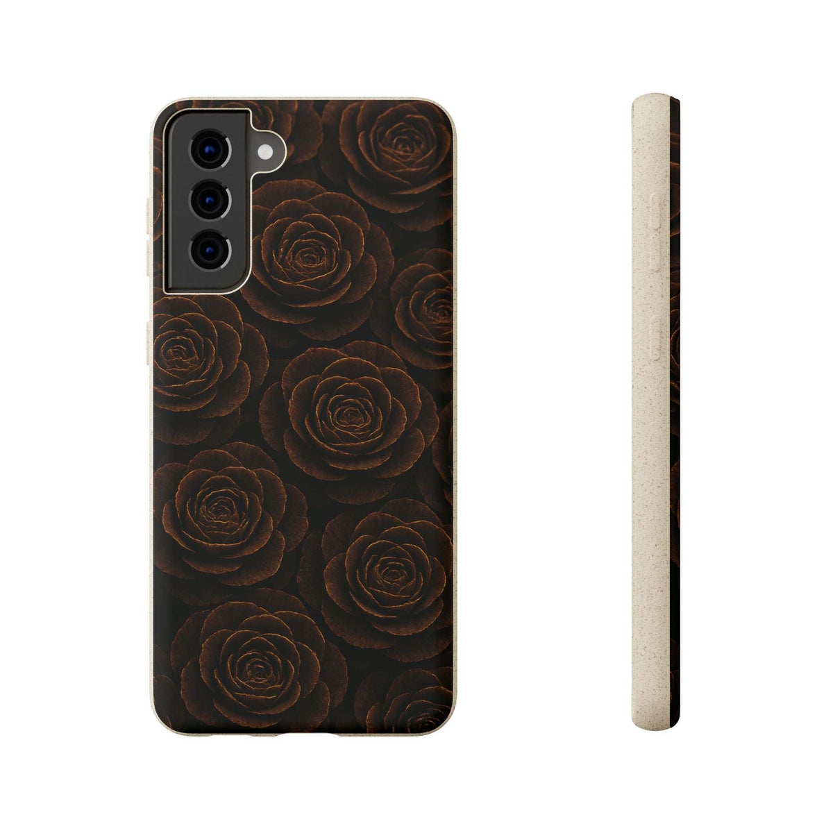 Wood rose phone case with dark rose pattern and camera cutout; beige side profile.