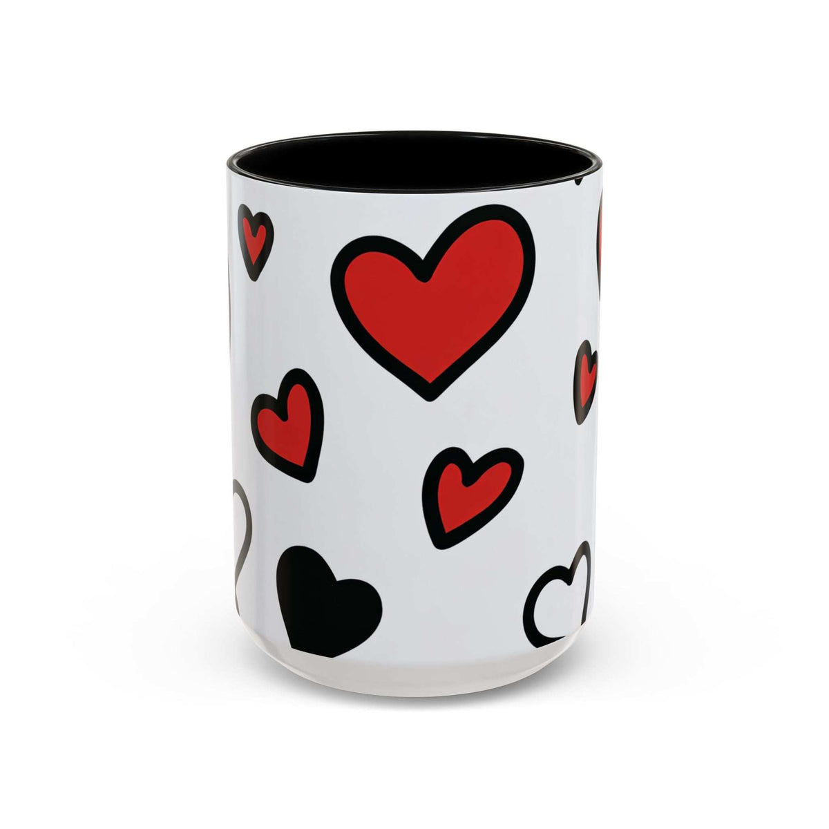 Love-themed accent coffee mug, white body with red hearts and black interior