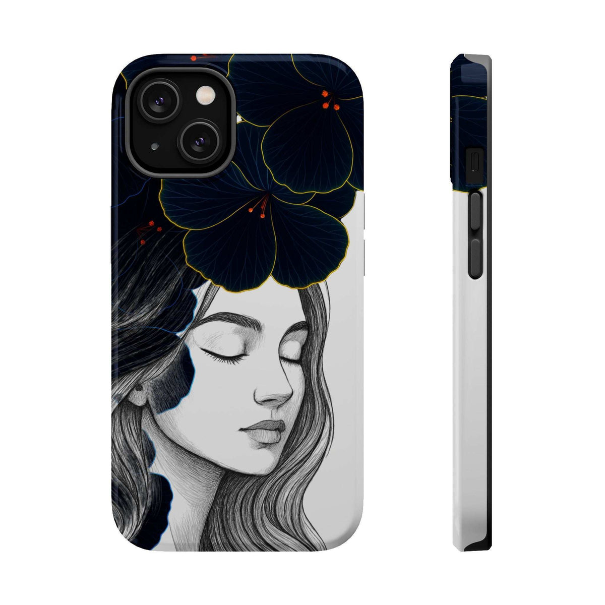 Phone case front and side view, woman portrait with blue flower details and camera openings
