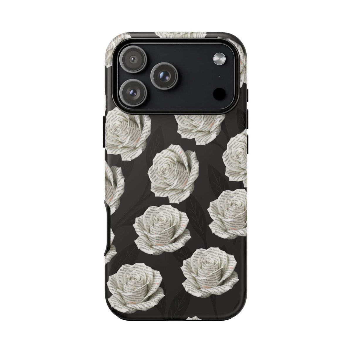 Black phone case with white rose pattern; raised camera area and side button cutouts.