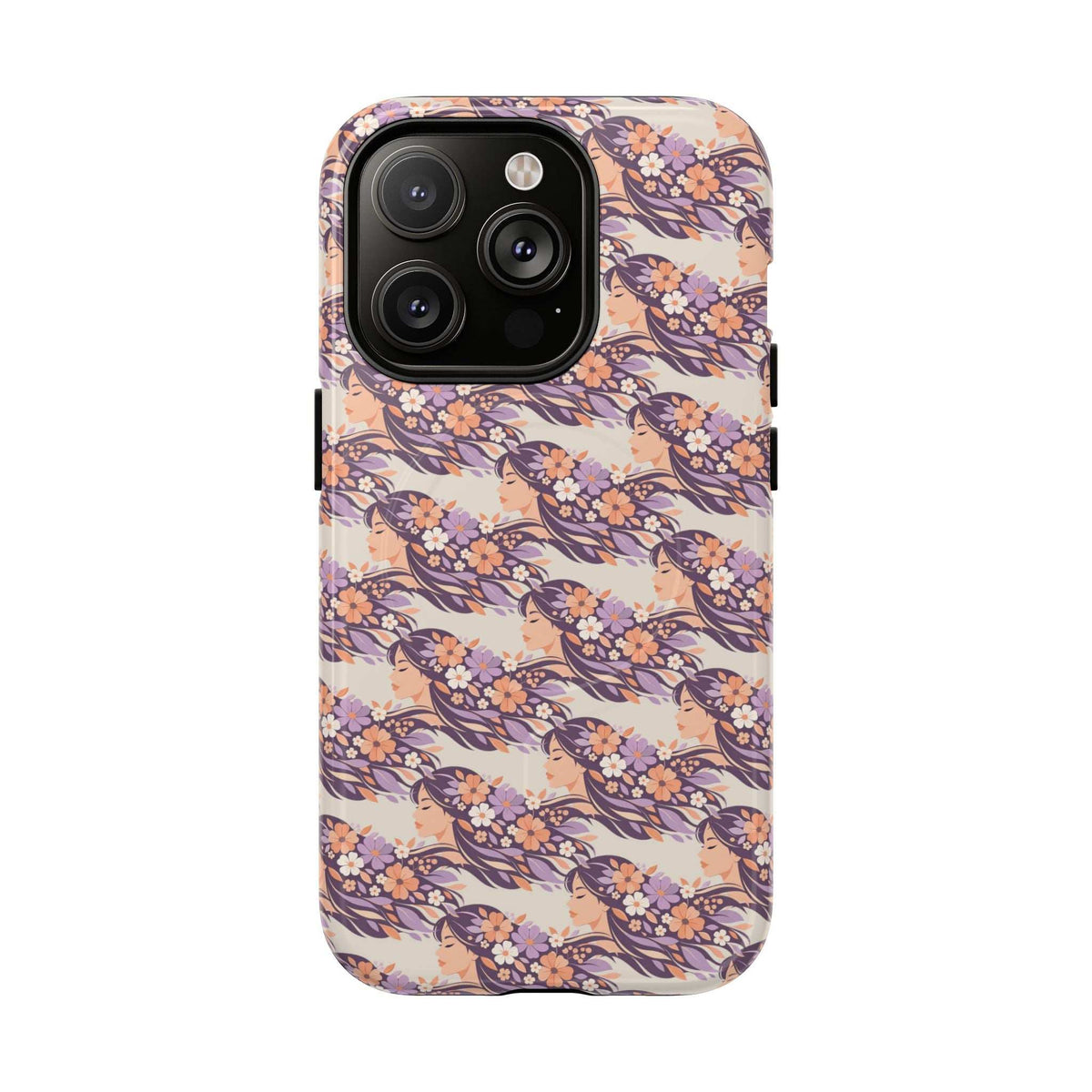 Floral phone case with cherry blossom pattern, rear camera lens cutouts on top left