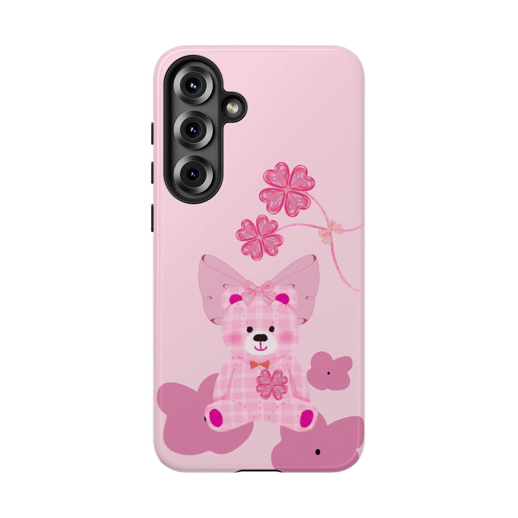 Pink phone case with teddy bear illustration and blossoms, camera module cutouts visible.
