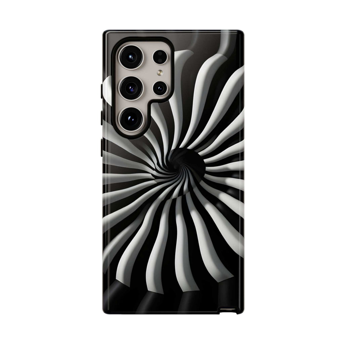 Glossy phone case with black-and-white hypnotic spiral pattern for iPhone and Galaxy