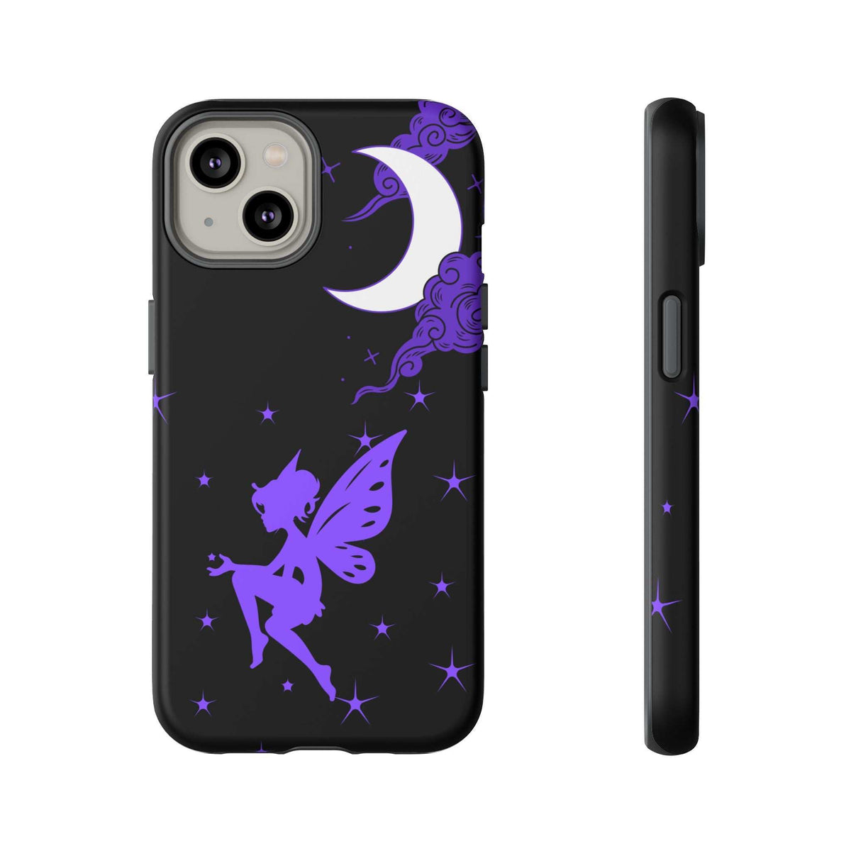 Black phone case with purple moon and fairy silhouette; rear camera cutout and side view