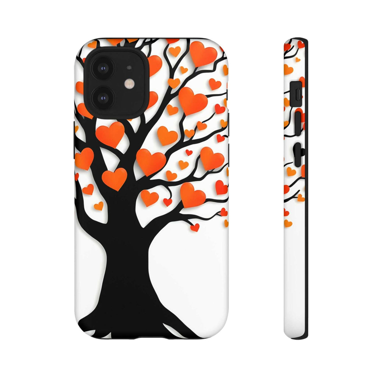 Phone case with black heart tree design and orange/red hearts on white; side view with openings