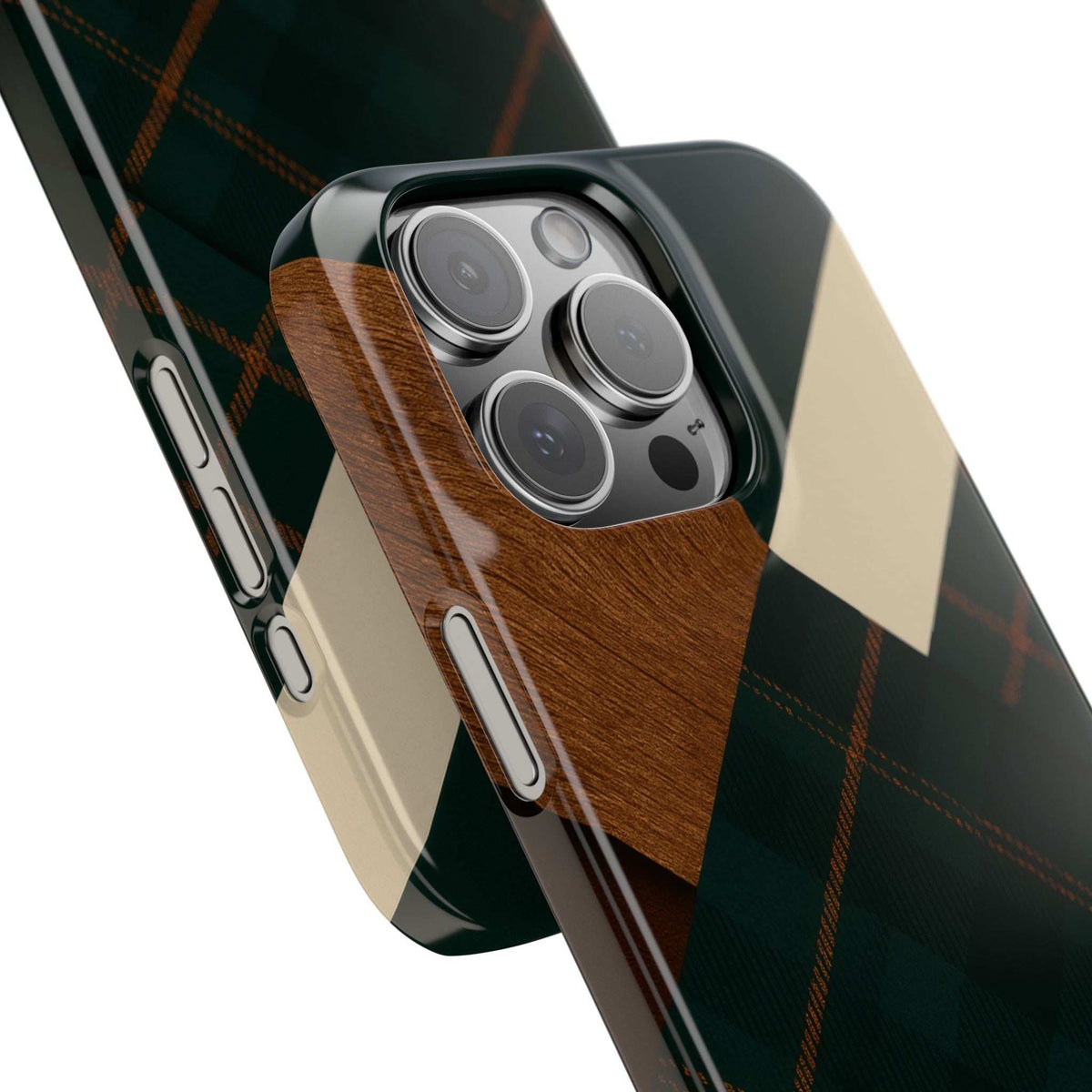 Phone case close-up with wood grain panel, camera lenses, and side button cutouts