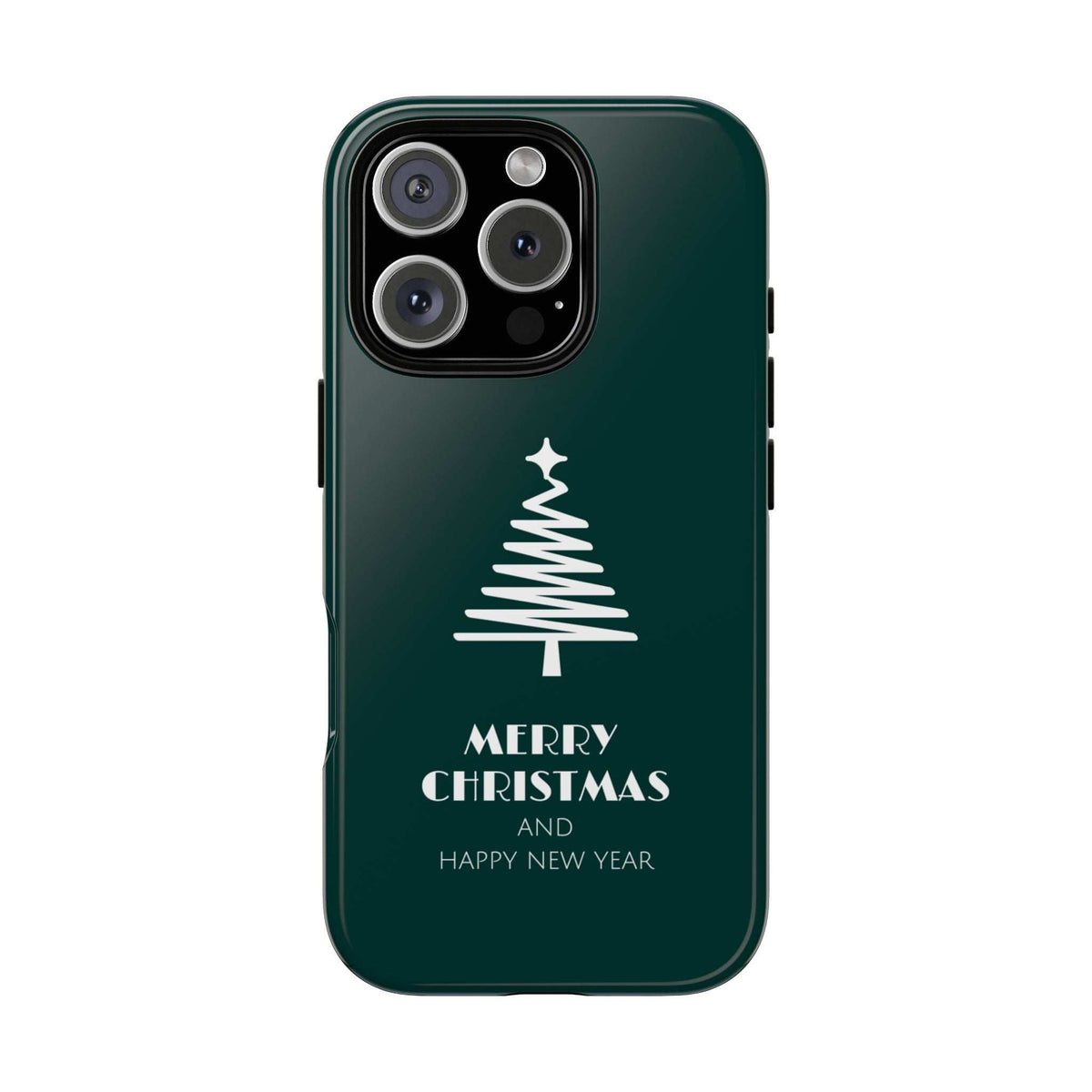 Dark green glossy phone case front view with Christmas tree, 'Merry Christmas' and 'Happy New Year'