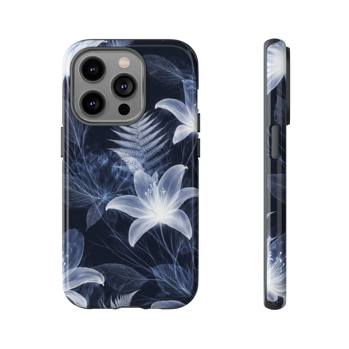 Blue floral phone case with white flower print; triple camera cutout and raised rim.