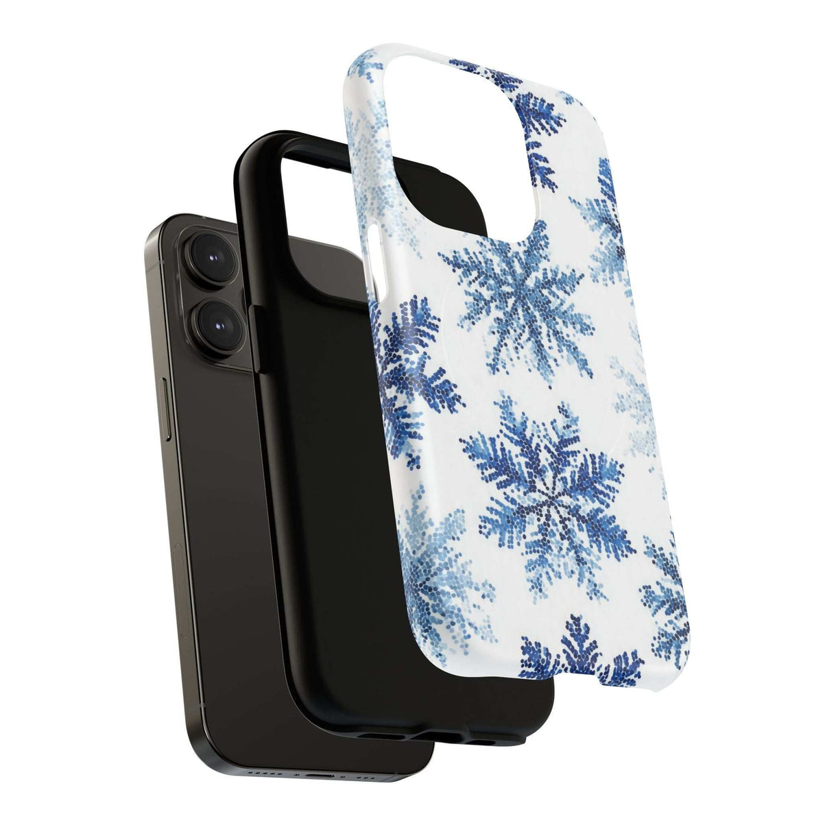 White phone case with blue snowflake pattern and camera cutout for iPhone